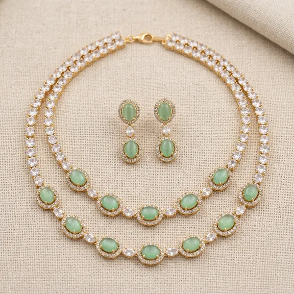 Green_Golden_American_Diamond_Double_Layer_Stone_Necklace_Set_For_Women