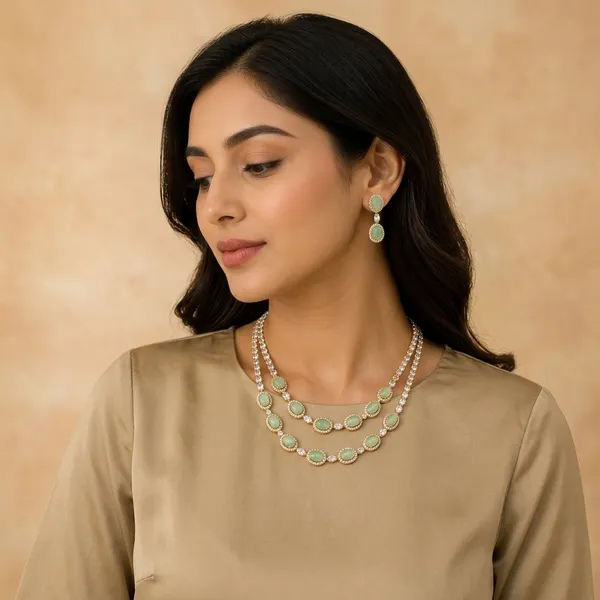 Green_Golden_American_Diamond_Double_Layer_Stone_Necklace_Set_For_Women