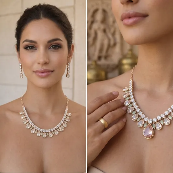 Green_Peach_Crystal_Drop_American_Diamond_Necklace_Set_For_Women