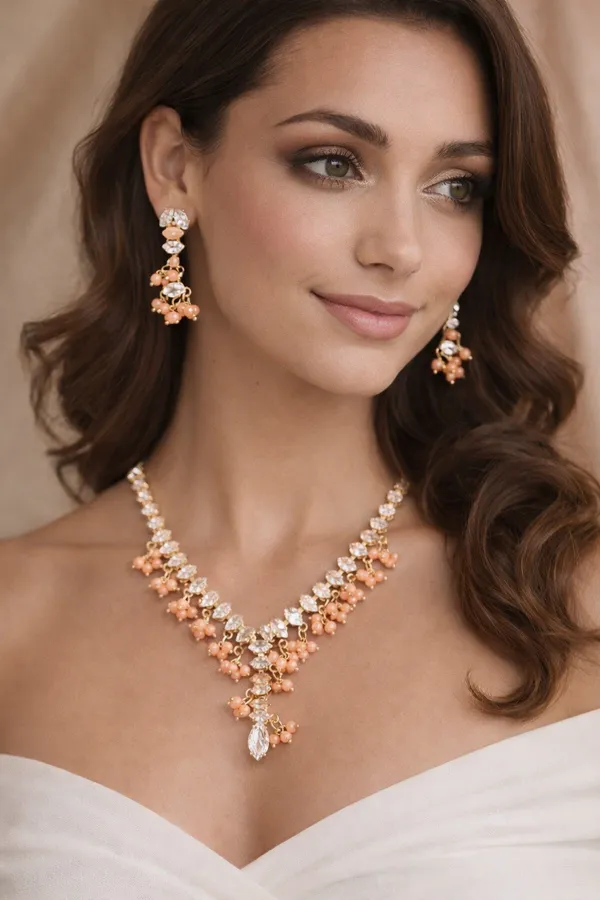 Orange_Pearl_Crystal_Floral_American_Diamond_Necklace_Set_For_Women