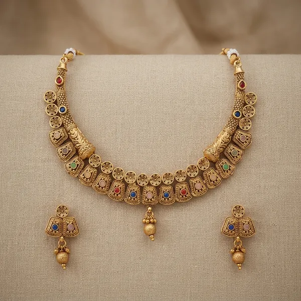 Gold_Toned_Antique_Blue_Red_Stone_Medallion_Necklace_Set_For_Women