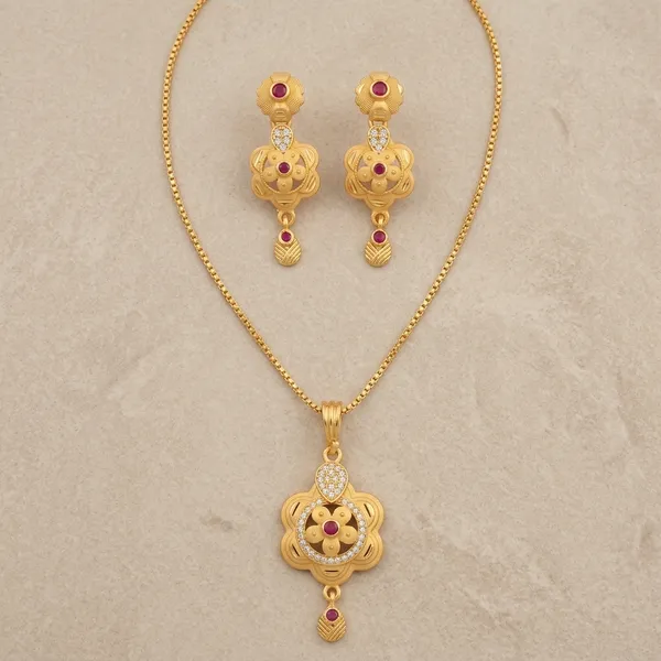 Gold_Plated_Ruby_Cz_Floral_Pendant_Necklace_Set_For_Women