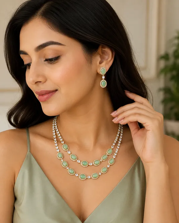 Green_Golden_American_Diamond_Double_Layer_Stone_Necklace_Set_For_Women