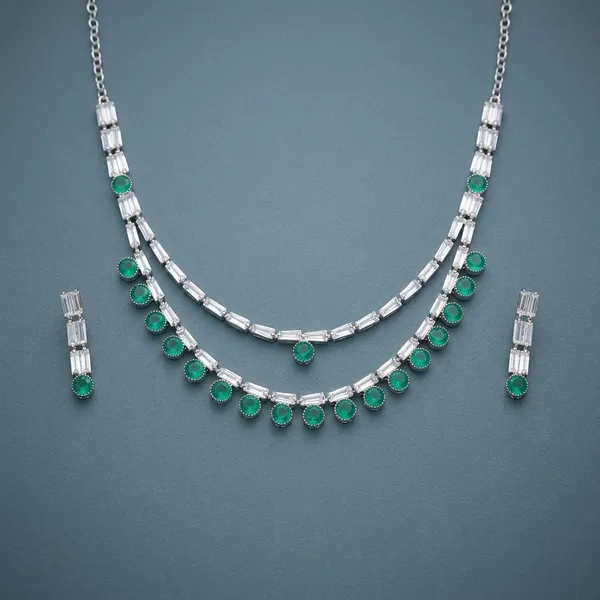 Green_Silver_Double-Layer_Crystal_American_Diamond_Necklace_Set_For_Women