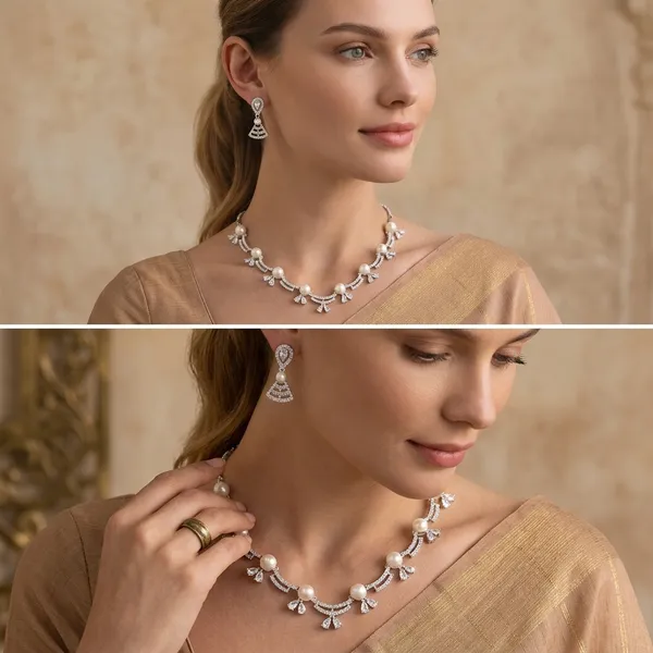White_Pearl_Crystal_Fan_Design_Necklace_Set_For_Women