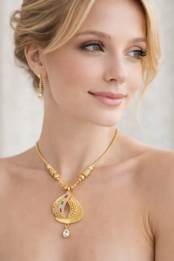 Gold_Plated_Multicolor_Stone_Teardrop_Pendant_Necklace_Set_For_Women