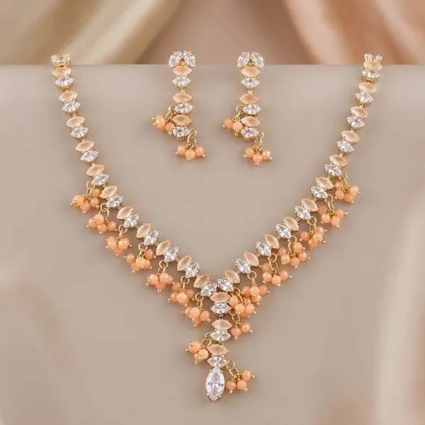 Orange_Pearl_Crystal_Floral_American_Diamond_Necklace_Set_For_Women