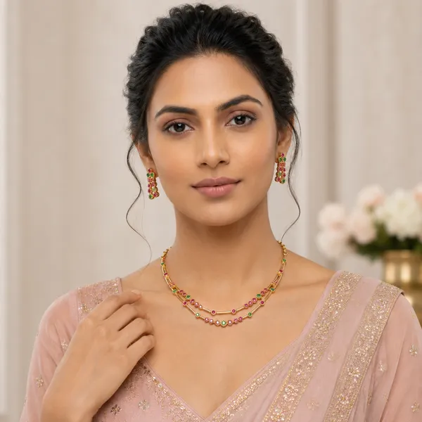 AMRITRATAN_Gold_Plated_Dual-Layer_Designer_Necklace_Set_with_Matching_Earrings_|_Pink_&_Green_Stone_Traditional_Jewellery_for_Women_&_Girls