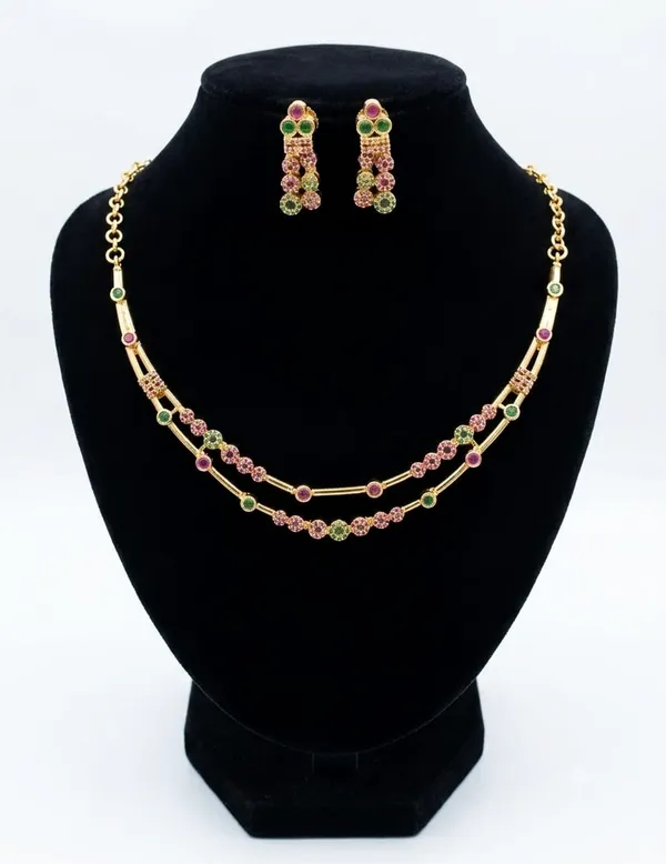 AMRITRATAN_Gold_Plated_Dual-Layer_Designer_Necklace_Set_with_Matching_Earrings_|_Pink_&_Green_Stone_Traditional_Jewellery_for_Women_&_Girls