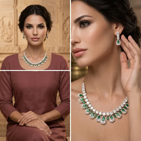 White_Green_American_Diamond_Teardrop_Necklace_Set_For_Women