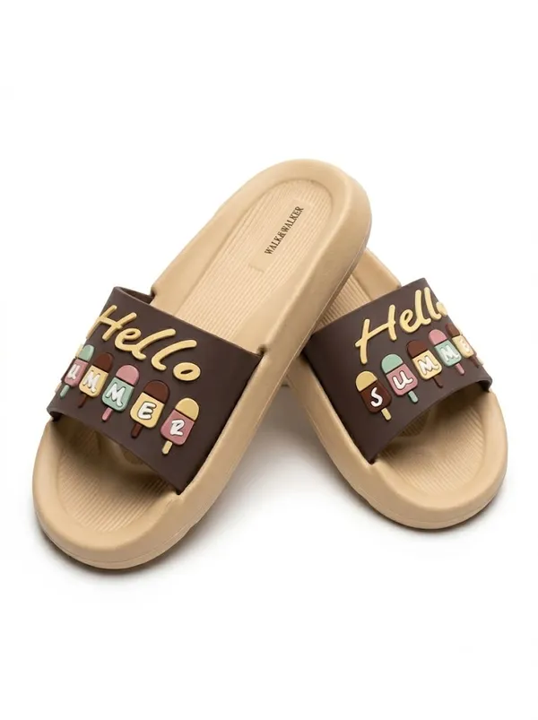 WALK_&_WALKER_Kids_Brown_"Hello_Summer"_Ice_Cream_Printed_Daily_Wear_Cushioned_Sliders
