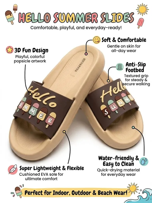 WALK_&_WALKER_Kids_Brown_"Hello_Summer"_Ice_Cream_Printed_Daily_Wear_Cushioned_Sliders