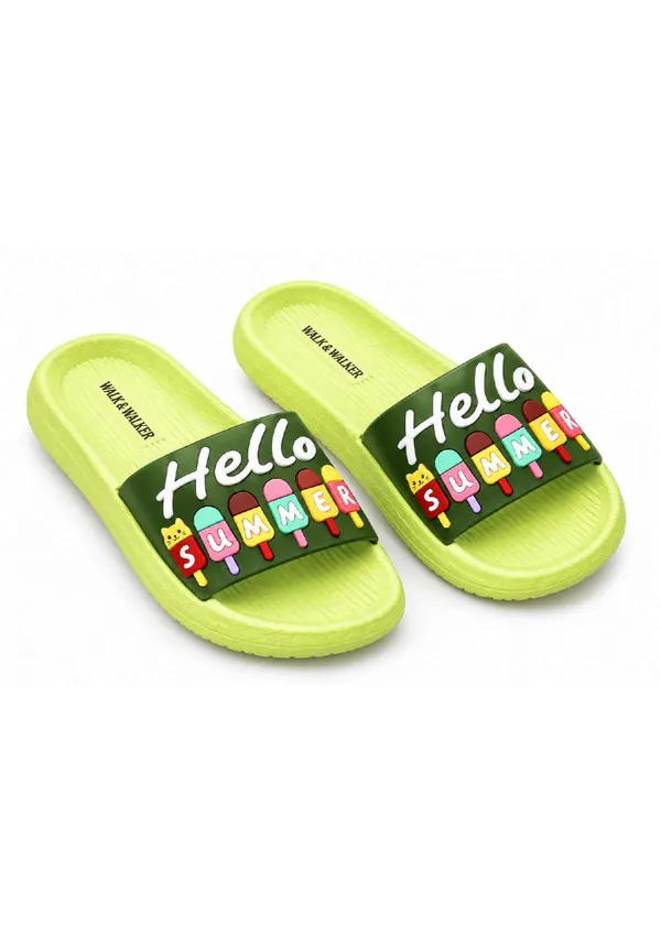 WALK_&_WALKER_Kids_Green_"Hello_Summer"_Ice_Cream_Printed_Daily_Wear_Cushioned_Sliders