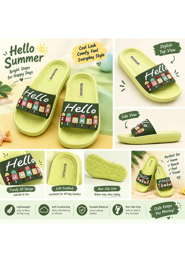 WALK_&_WALKER_Kids_Green_"Hello_Summer"_Ice_Cream_Printed_Daily_Wear_Cushioned_Sliders
