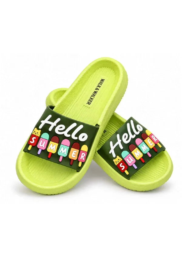 WALK_&_WALKER_Kids_Green_"Hello_Summer"_Ice_Cream_Printed_Daily_Wear_Cushioned_Sliders
