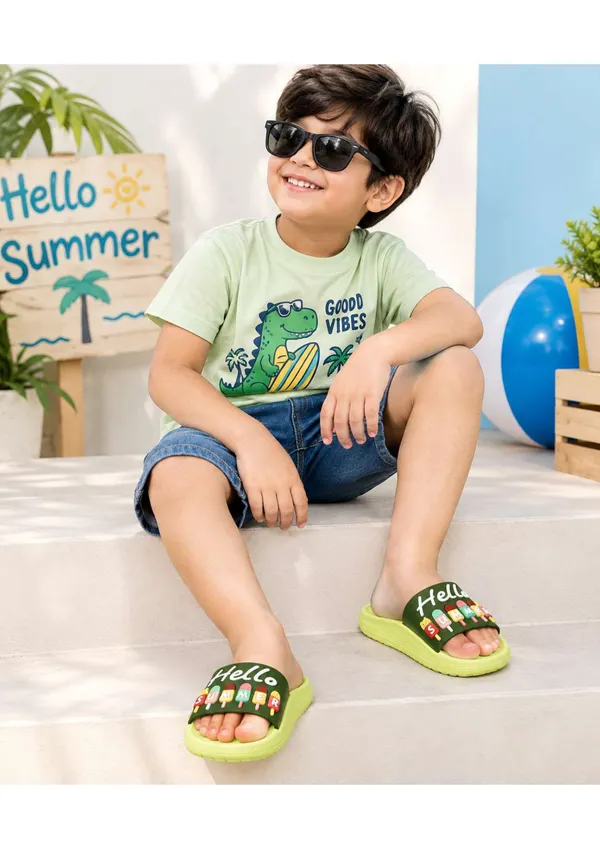 WALK_&_WALKER_Kids_Green_"Hello_Summer"_Ice_Cream_Printed_Daily_Wear_Cushioned_Sliders