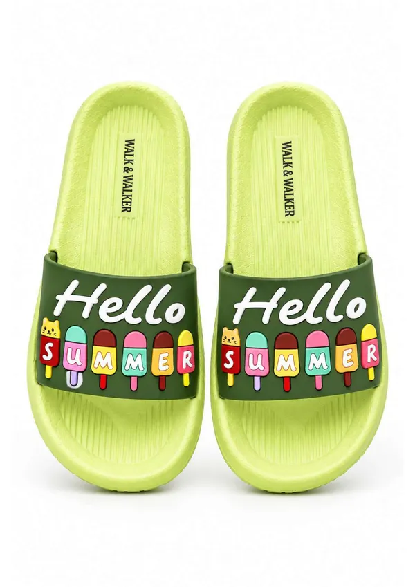 WALK_&_WALKER_Kids_Green_"Hello_Summer"_Ice_Cream_Printed_Daily_Wear_Cushioned_Sliders