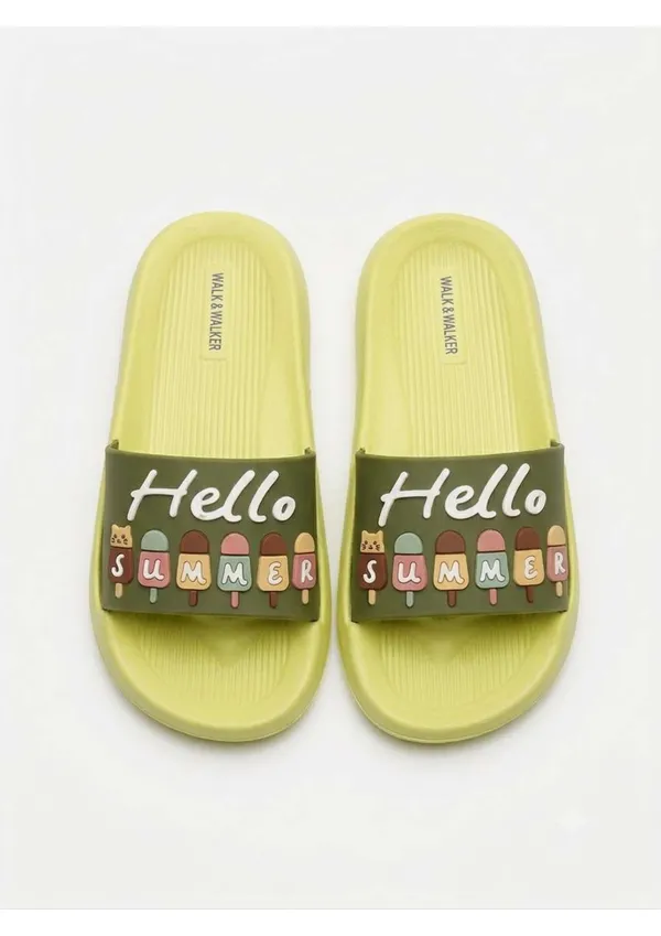 WALK_&_WALKER_Kids_Green_"Hello_Summer"_Ice_Cream_Printed_Daily_Wear_Cushioned_Sliders