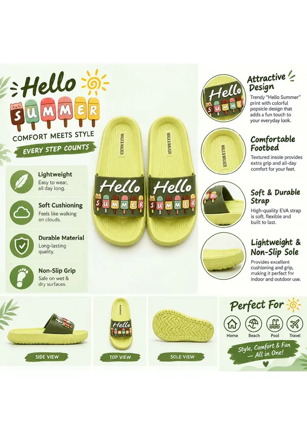 WALK_&_WALKER_Kids_Green_"Hello_Summer"_Ice_Cream_Printed_Daily_Wear_Cushioned_Sliders