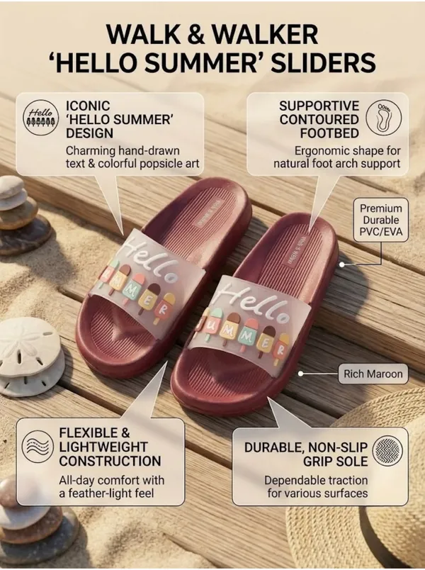 WALK_&_WALKER_Kids_Maroon_"Hello_Summer"_Ice_Cream_Printed_Daily_Wear_Cushioned_Sliders
