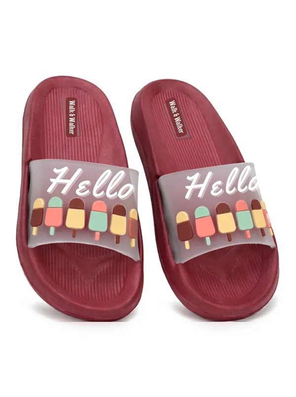 WALK_&_WALKER_Kids_Maroon_"Hello_Summer"_Ice_Cream_Printed_Daily_Wear_Cushioned_Sliders