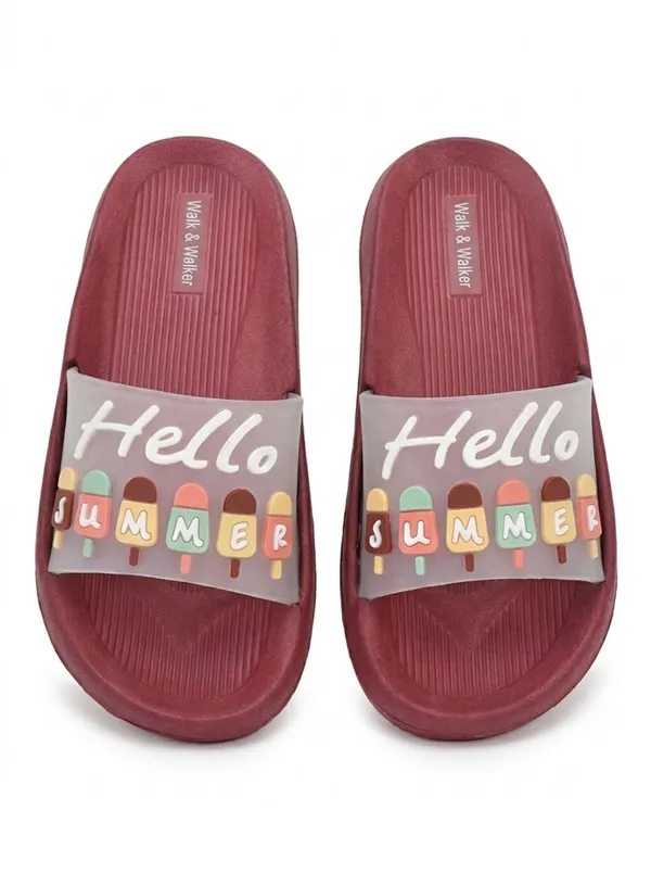 WALK_&_WALKER_Kids_Maroon_"Hello_Summer"_Ice_Cream_Printed_Daily_Wear_Cushioned_Sliders