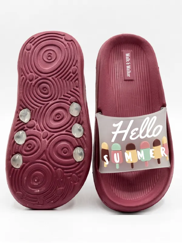 WALK_&_WALKER_Kids_Maroon_"Hello_Summer"_Ice_Cream_Printed_Daily_Wear_Cushioned_Sliders