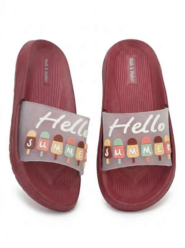 WALK_&_WALKER_Kids_Maroon_"Hello_Summer"_Ice_Cream_Printed_Daily_Wear_Cushioned_Sliders
