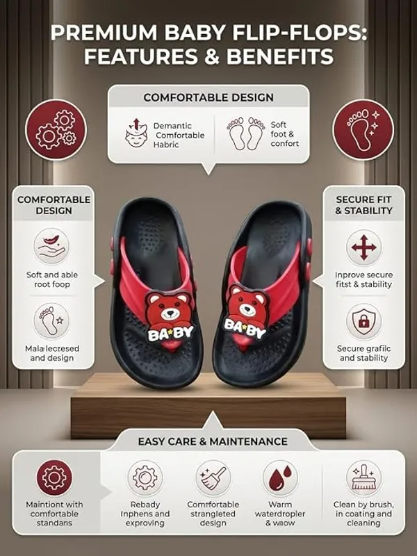 WALK_&_WALKER_Kids_Red_&_Black_Slippers_for_Boys_&_Girls_|_Cute_Teddy_Bear_Cartoon_Design_EVA_Sleeper_|_Lightweight_Soft_Comfortable_Slip-On_Footwear_for_Toddlers_&_Kids