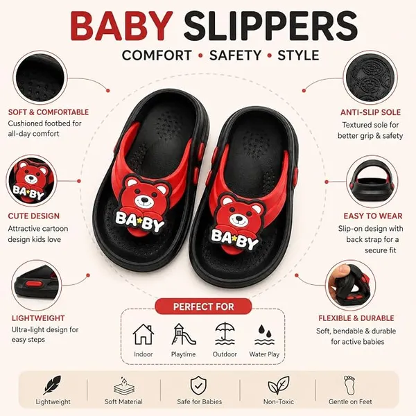 WALK_&_WALKER_Kids_Red_&_Black_Slippers_for_Boys_&_Girls_|_Cute_Teddy_Bear_Cartoon_Design_EVA_Sleeper_|_Lightweight_Soft_Comfortable_Slip-On_Footwear_for_Toddlers_&_Kids