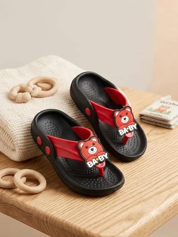 WALK_&_WALKER_Kids_Red_&_Black_Slippers_for_Boys_&_Girls_|_Cute_Teddy_Bear_Cartoon_Design_EVA_Sleeper_|_Lightweight_Soft_Comfortable_Slip-On_Footwear_for_Toddlers_&_Kids
