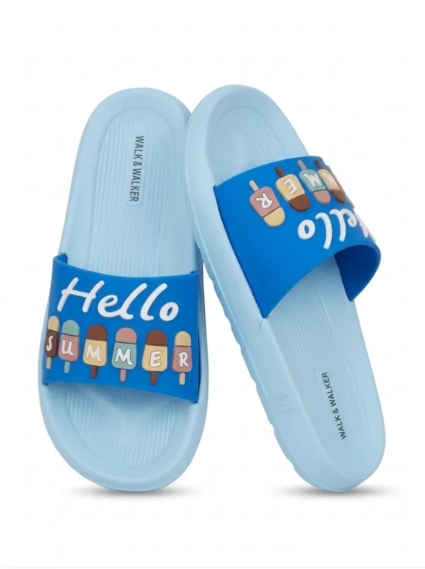 WALK_&_WALKER_Kids_Sky_Blue_"Hello_Summer"_Ice_Cream_Printed_Daily_Wear_Cushioned_Sliders