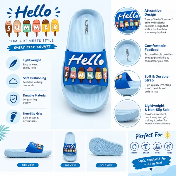 WALK_&_WALKER_Kids_Sky_Blue_"Hello_Summer"_Ice_Cream_Printed_Daily_Wear_Cushioned_Sliders
