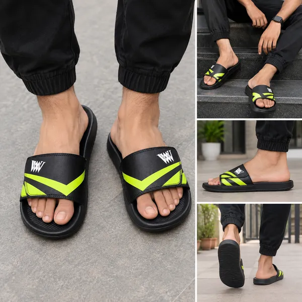 WALK_&_WALKER_Men’s_Comfortable_Black_Green_Slide_Slippers_|_Premium_Casual_Bathroom_&_Outdoor_Slippers_with_Soft_Cushioned_Footbed,_Adjustable_Strap,_Anti-Slip_Sole_&_Lightweight_Design_|_Everyday_Wear_Footwear_for_Men