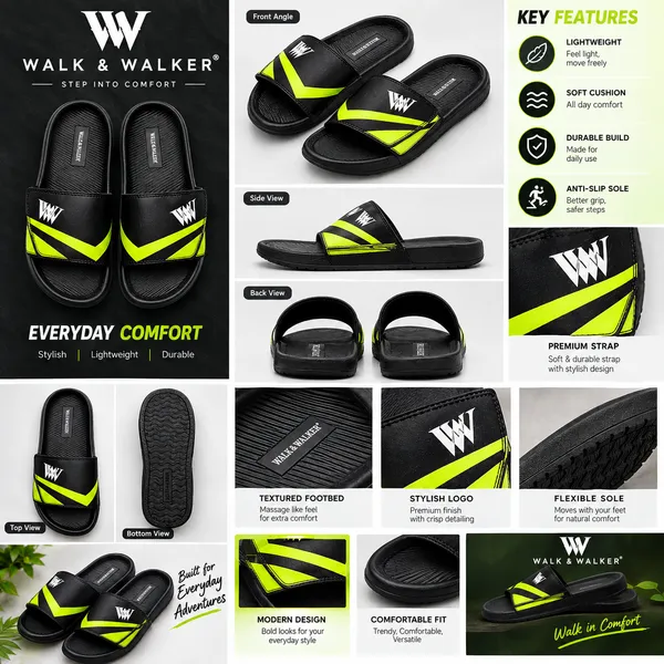 WALK_&_WALKER_Men’s_Comfortable_Black_Green_Slide_Slippers_|_Premium_Casual_Bathroom_&_Outdoor_Slippers_with_Soft_Cushioned_Footbed,_Adjustable_Strap,_Anti-Slip_Sole_&_Lightweight_Design_|_Everyday_Wear_Footwear_for_Men