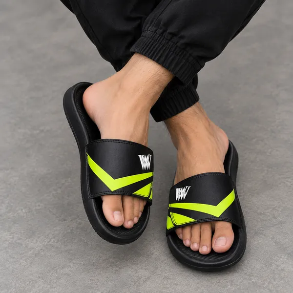 WALK_&_WALKER_Men’s_Comfortable_Black_Green_Slide_Slippers_|_Premium_Casual_Bathroom_&_Outdoor_Slippers_with_Soft_Cushioned_Footbed,_Adjustable_Strap,_Anti-Slip_Sole_&_Lightweight_Design_|_Everyday_Wear_Footwear_for_Men