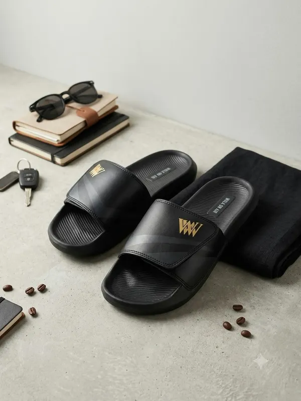 WALK_&_WALKER_Men’s_Comfortable_Black_Slide_Slippers_|_Premium_Casual_Bathroom_&_Outdoor_Slippers_with_Soft_Cushioned_Footbed,_Adjustable_Strap,_Anti-Slip_Sole_&_Lightweight_Design_|_Everyday_Wear_Footwear_for_Men
