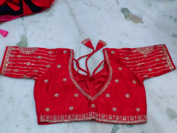 Red_Vichitra_Silk_V-Neck_Embroidered_Blouse_For_Women