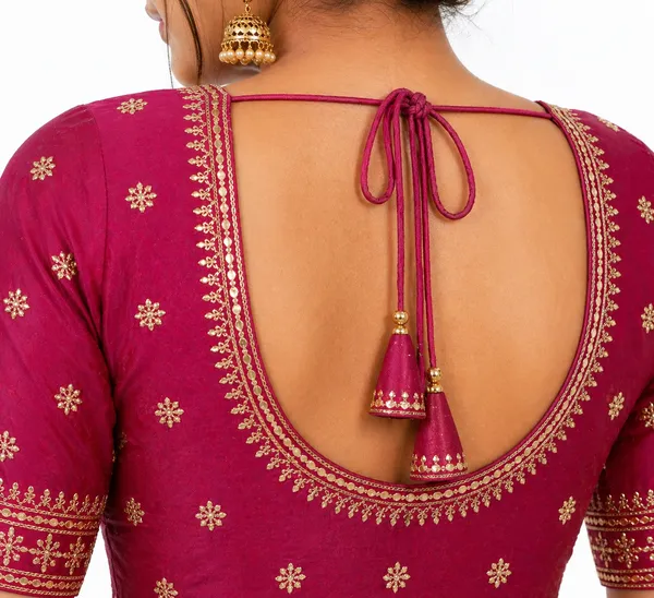 Magenta_Vichitra_Silk_Golden_Embroidered_Deep_Back_Tassel_Blouse_For_Women