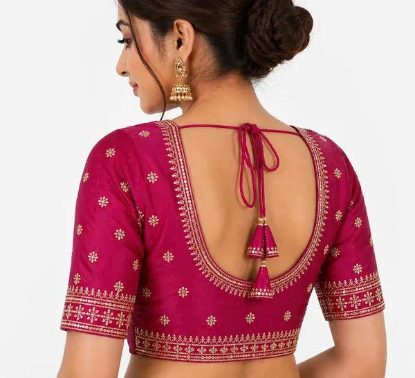 Magenta_Vichitra_Silk_Golden_Embroidered_Deep_Back_Tassel_Blouse_For_Women