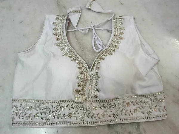 White_Vichitra_Silk_Sleeveless_Embellished_V-Neck_Blouse_For_Women