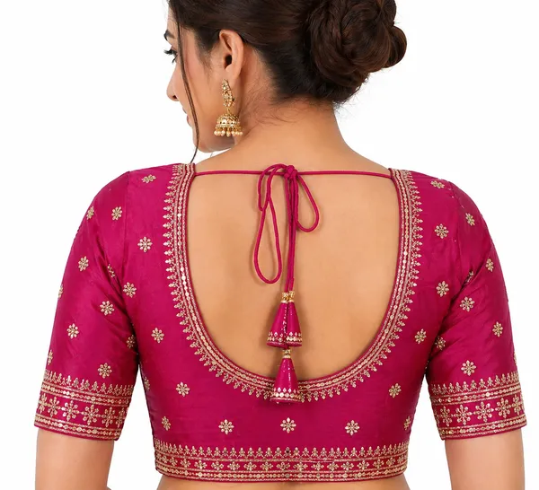 Magenta_Vichitra_Silk_Golden_Embroidered_Deep_Back_Tassel_Blouse_For_Women