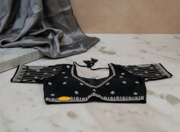 Black_Vichitra_Silk_Silver_Embroidered_Saree_Blouse_For_Women