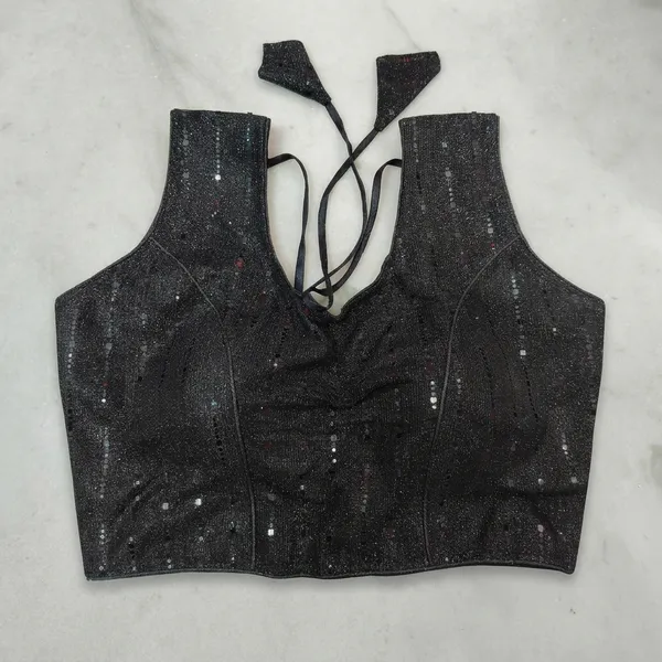Black_Vichitra_Silk_Sequin_Sleeveless_Halter_Blouse_For_Women