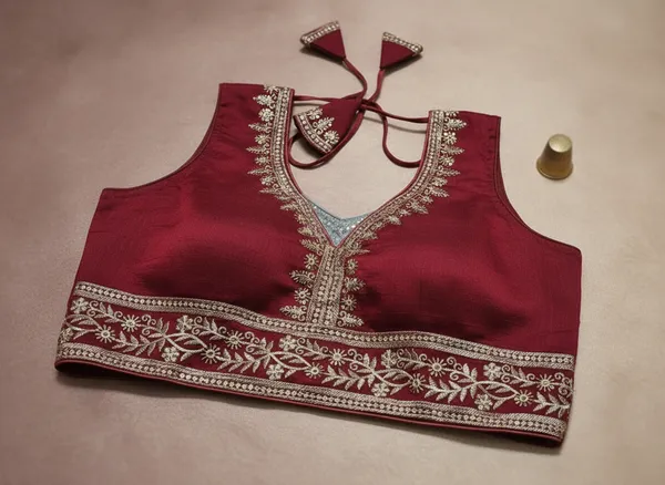 Maroon_Vichitra_Silk_Golden_Zari_Embroidered_Tie-Up_Blouse_For_Women
