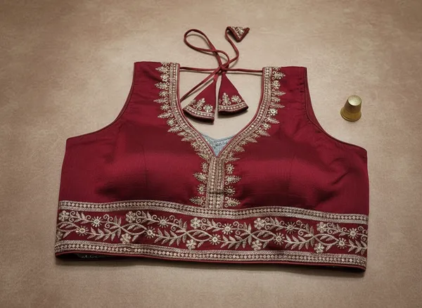 Maroon_Vichitra_Silk_Golden_Zari_Embroidered_Tie-Up_Blouse_For_Women
