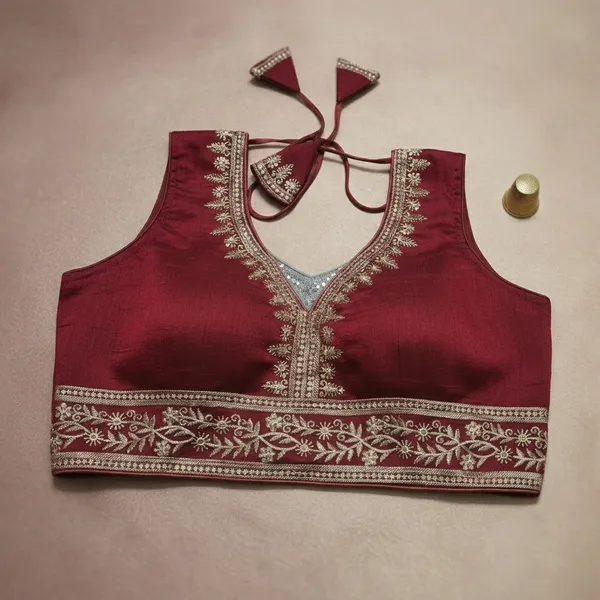 Maroon_Vichitra_Silk_Golden_Zari_Embroidered_Tie-Up_Blouse_For_Women