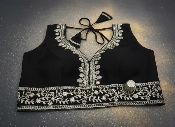 Black_Vichitra_Silk_Sleeveless_Silver_Embroidered_Choli_Blouse_For_Women
