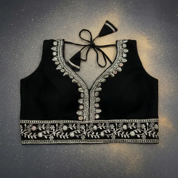 Black_Vichitra_Silk_Sleeveless_Silver_Embroidered_Choli_Blouse_For_Women