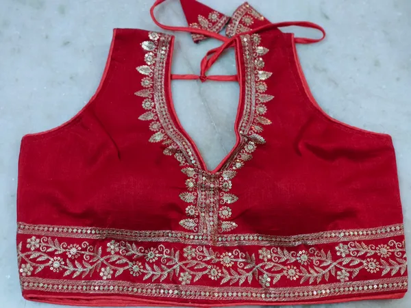 Red_Vichitra_Silk_Embroidered_Halter_Neck_Blouse_For_Women